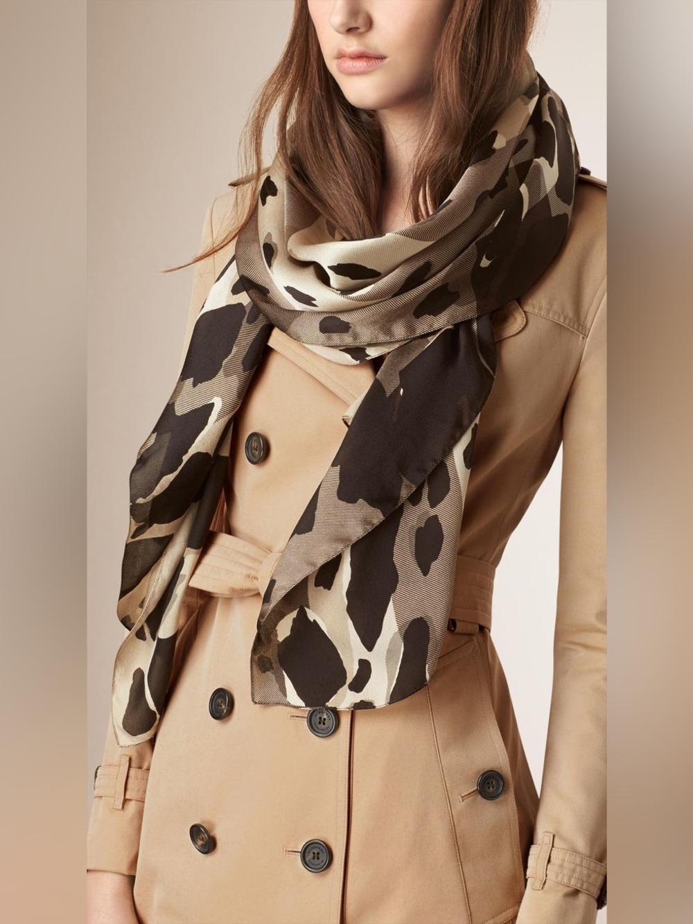 Burberry Beige, Taupe & Black Animal-Print Midi Skirt